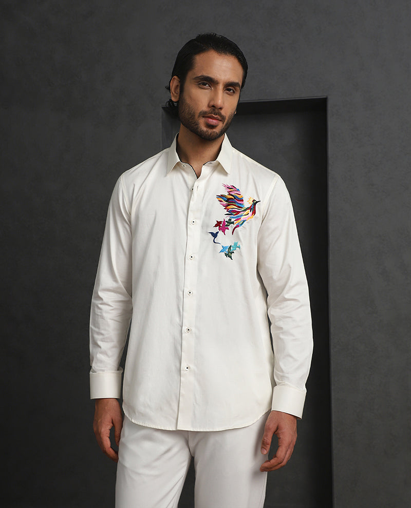 Cream Slim Fit Cotton Shirt with Subtle Embroidery Detailing