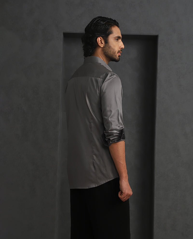 Dark Grey Slim Fit Cotton Shirt with Elegant Embroidery Detailing