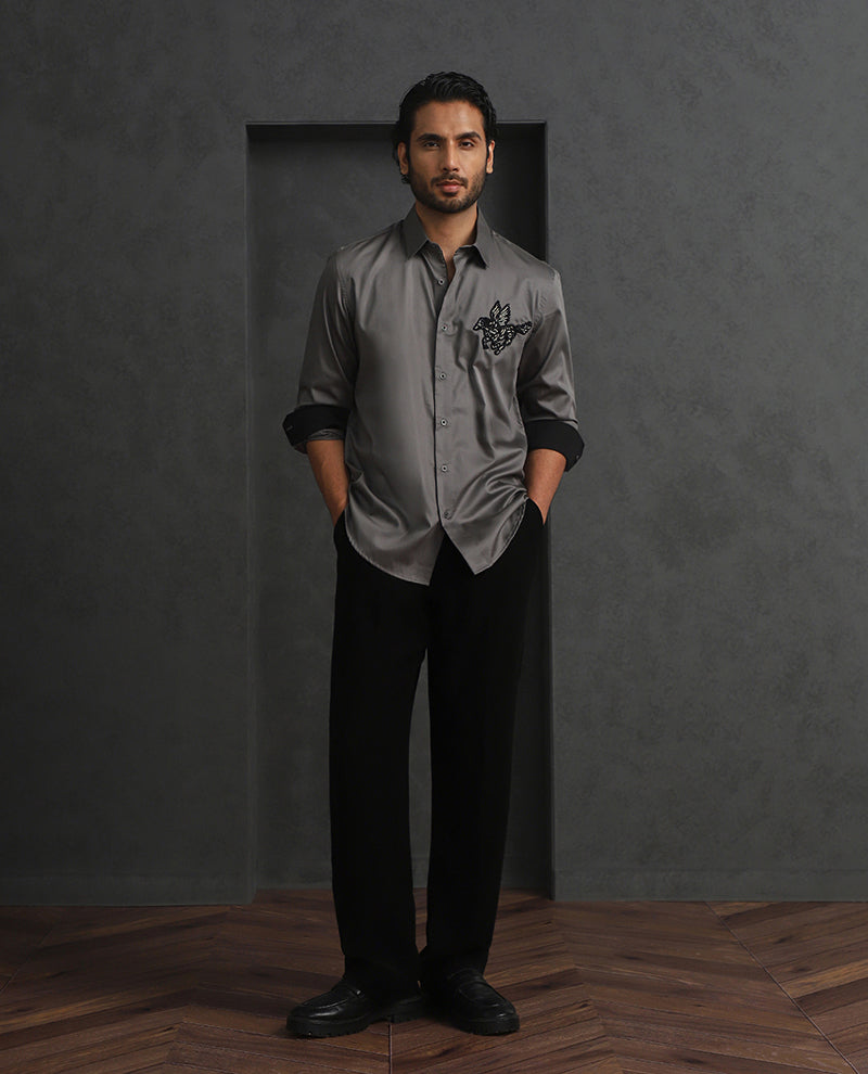 Dark Grey Slim Fit Cotton Shirt with Elegant Embroidery Detailing