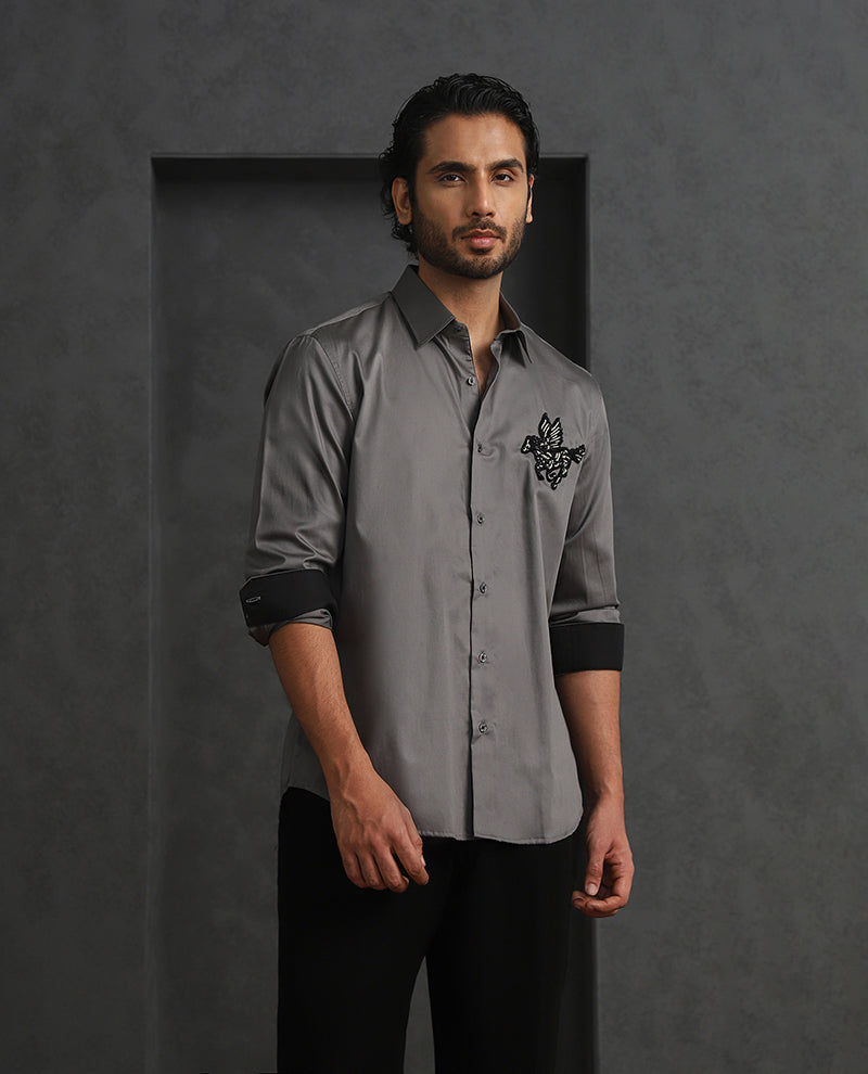 Dark Grey Slim Fit Cotton Shirt with Elegant Embroidery Detailing