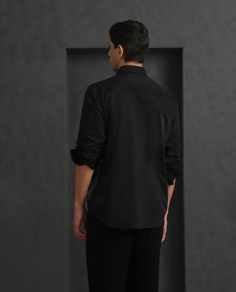 Black Slim Fit Cotton Shirt with Refined Embroidery Accents