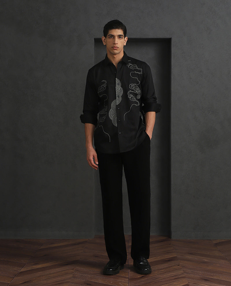 Black Slim Fit Cotton Shirt with Refined Embroidery Accents