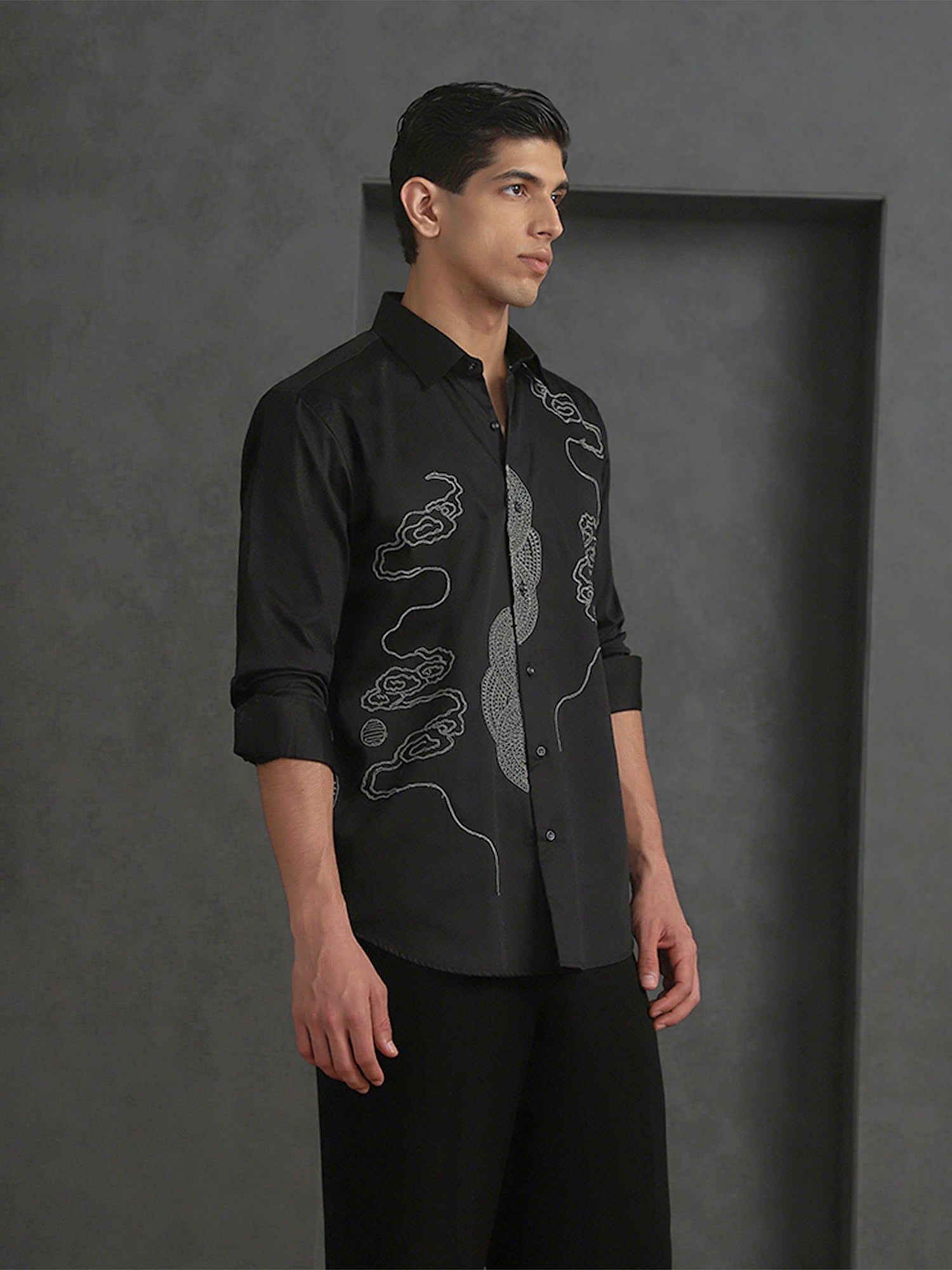 Black Slim Fit Cotton Shirt with Refined Embroidery Accents
