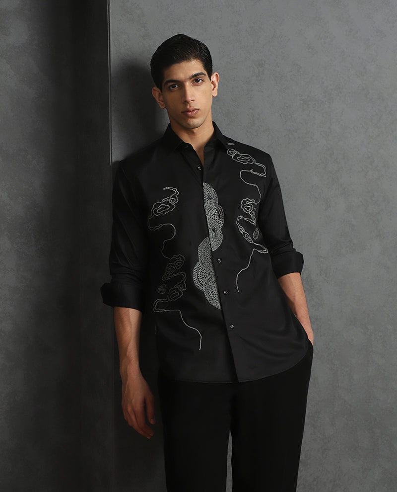 Black Slim Fit Cotton Shirt with Refined Embroidery Accents