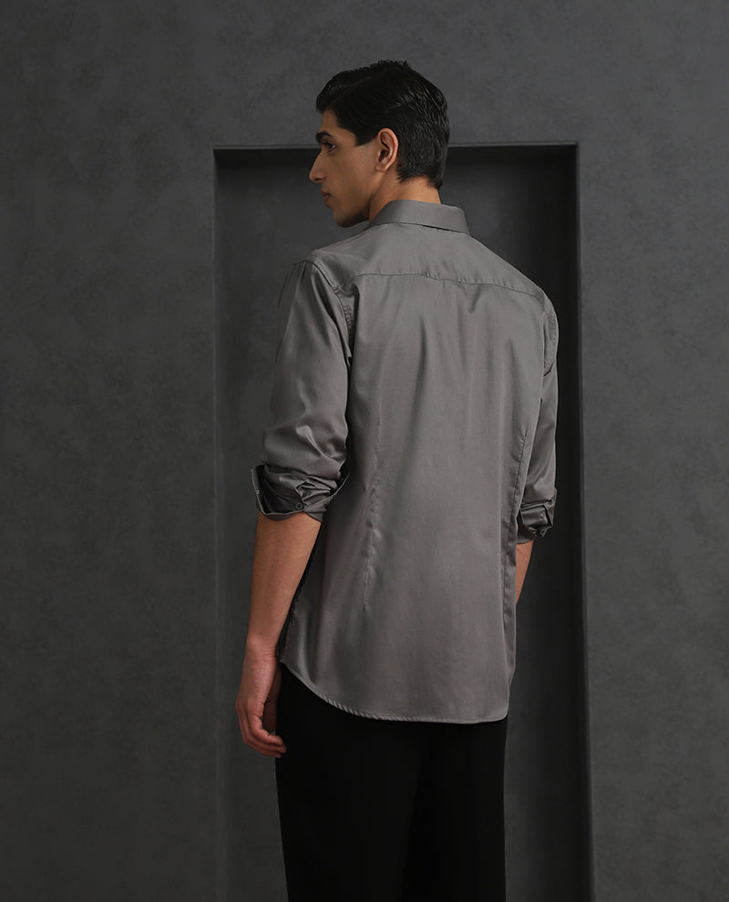 Grey Slim Fit Cotton Shirt with Elegant Embroidery Finish