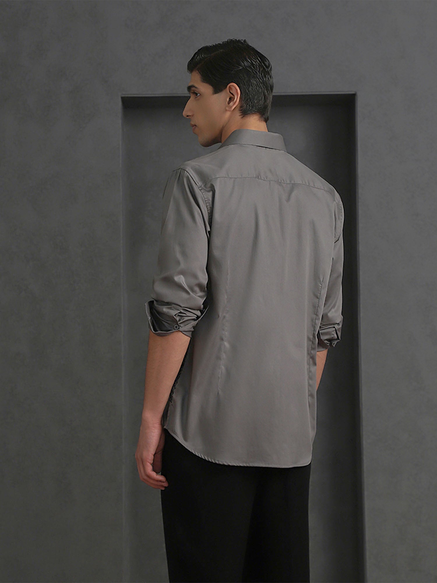 Grey Slim Fit Cotton Shirt with Elegant Embroidery Finish