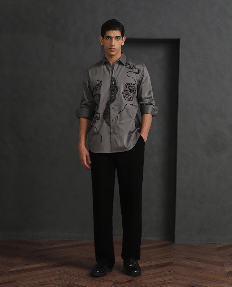 Grey Slim Fit Cotton Shirt with Elegant Embroidery Finish