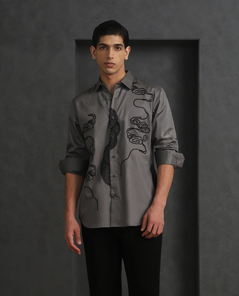 Grey Slim Fit Cotton Shirt with Elegant Embroidery Finish