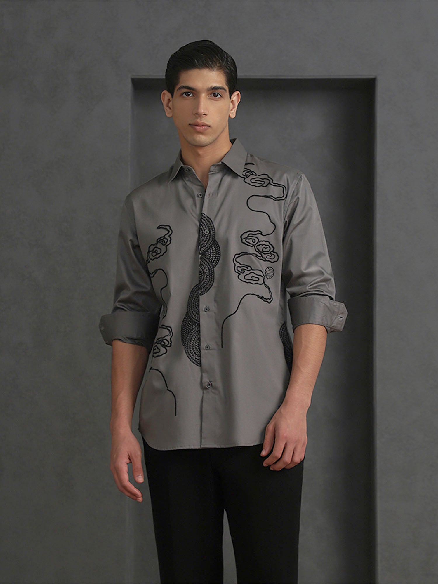 Grey Slim Fit Cotton Shirt with Elegant Embroidery Finish