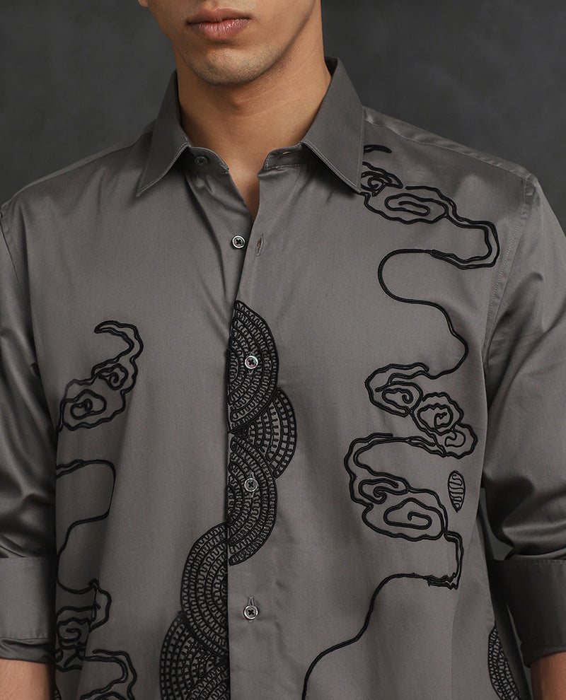 Grey Slim Fit Cotton Shirt with Elegant Embroidery Finish
