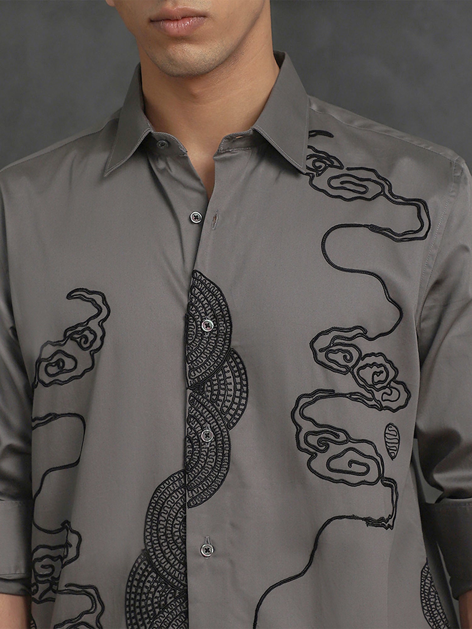 Grey Slim Fit Cotton Shirt with Elegant Embroidery Finish