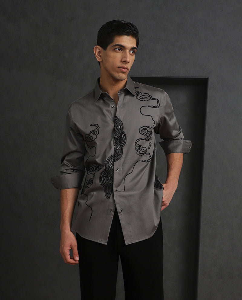 Grey Slim Fit Cotton Shirt with Elegant Embroidery Finish