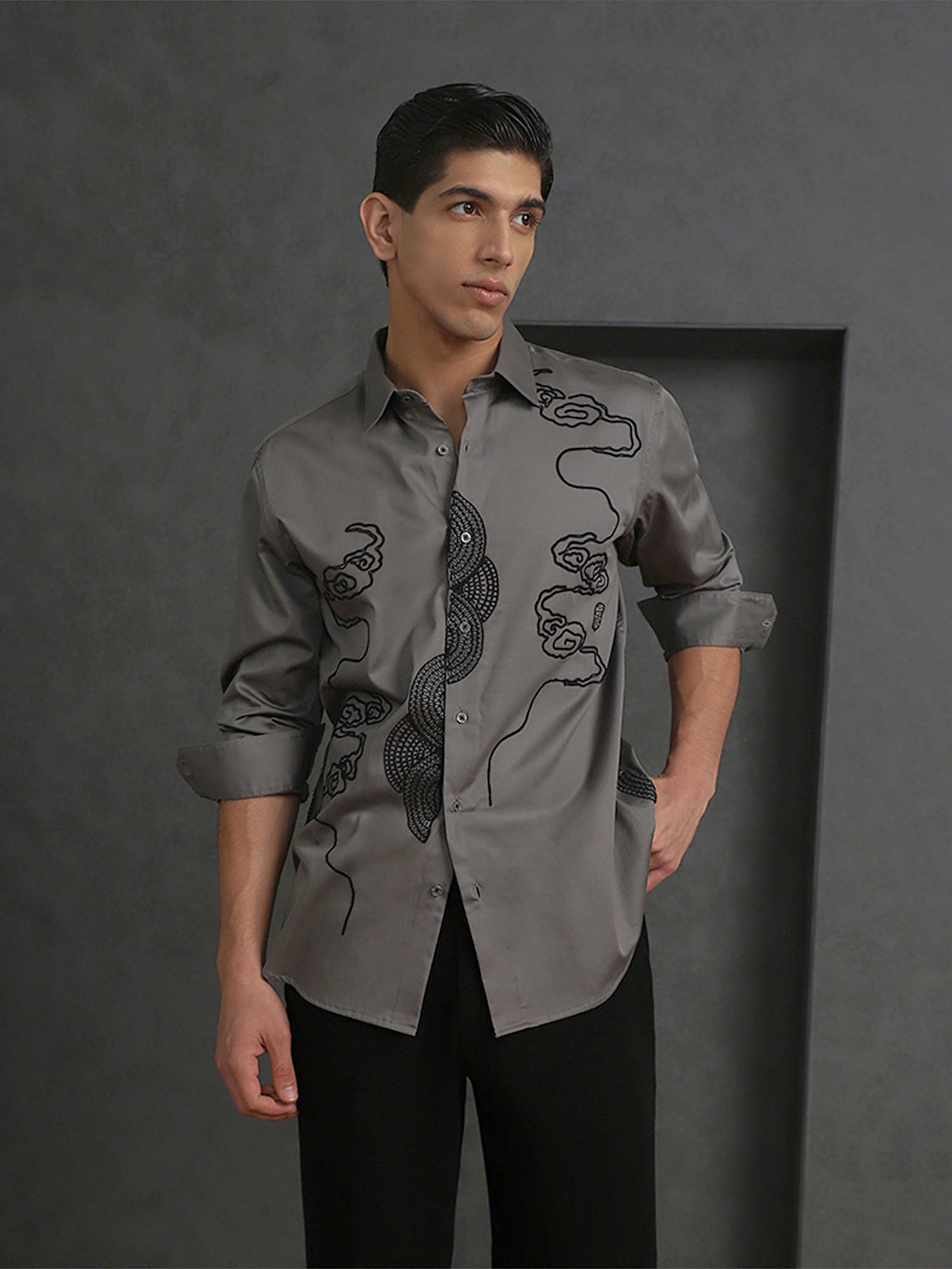 Grey Slim Fit Cotton Shirt with Elegant Embroidery Finish