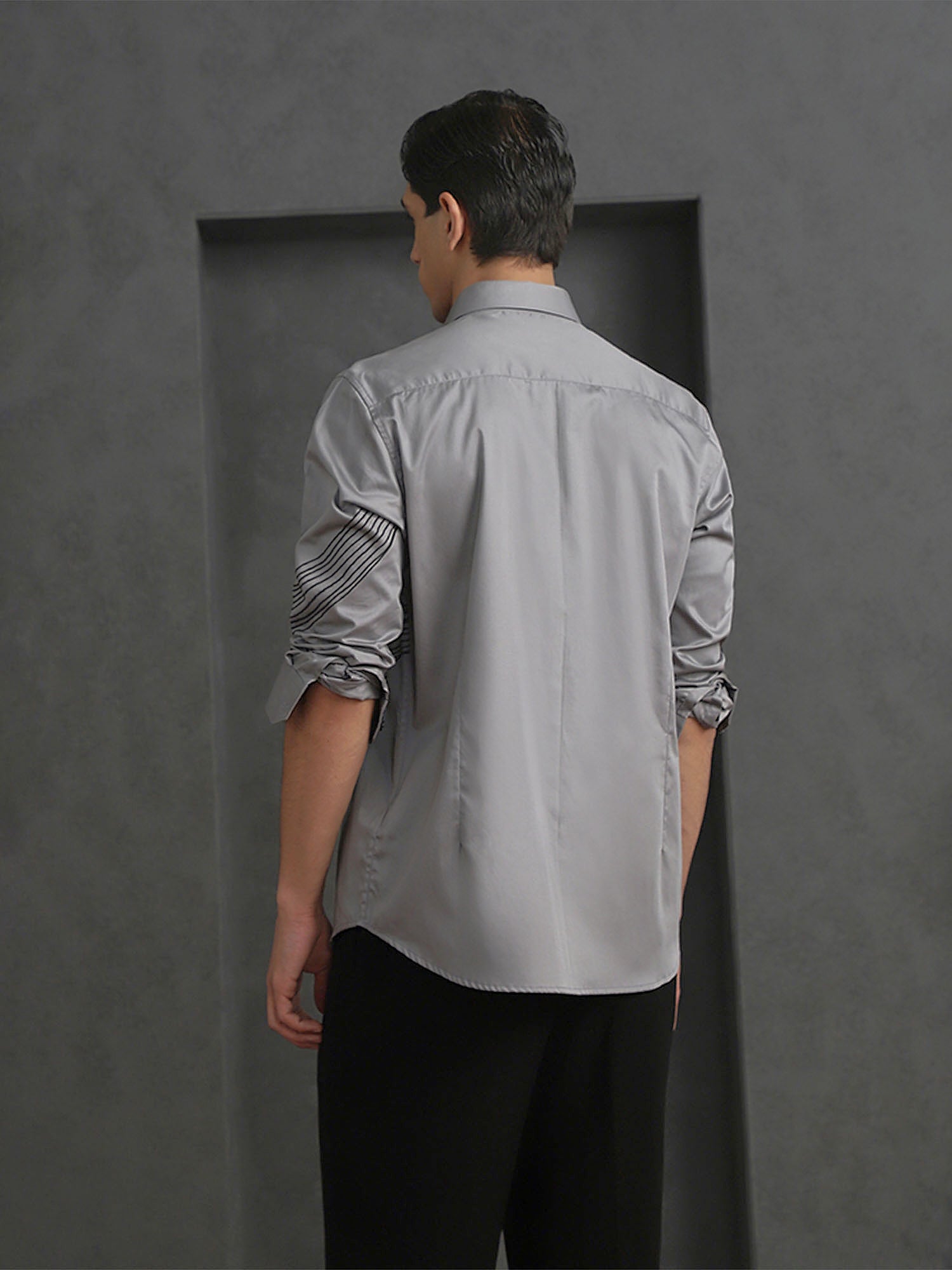 Grey Slim Fit Cotton Shirt with Small Collar and Distinct Embroidery