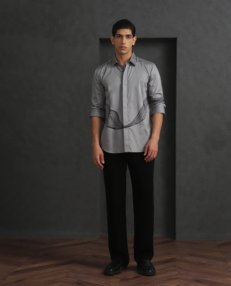 Grey Slim Fit Cotton Shirt with Small Collar and Distinct Embroidery