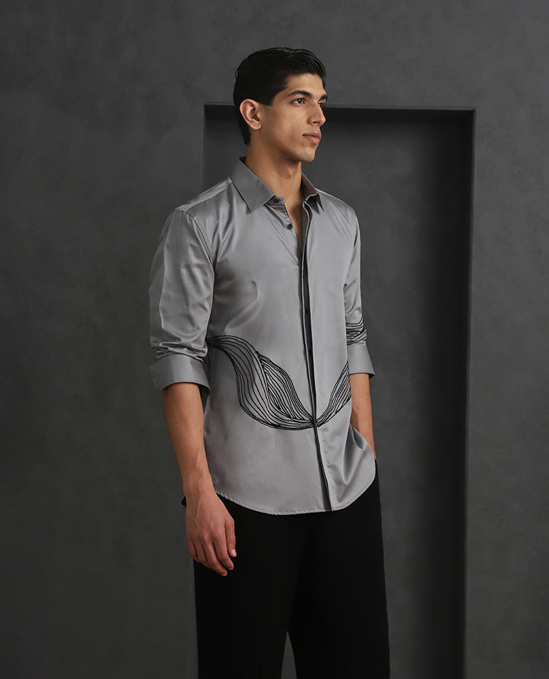 Grey Slim Fit Cotton Shirt with Small Collar and Distinct Embroidery