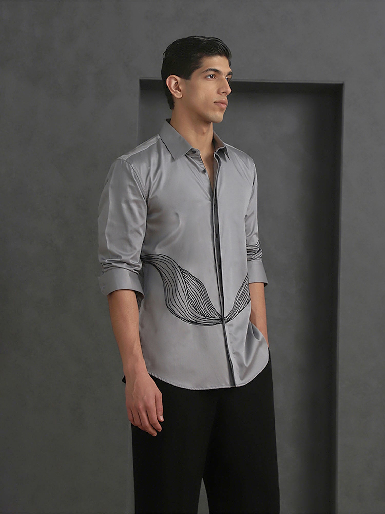 Grey Slim Fit Cotton Shirt with Small Collar and Distinct Embroidery