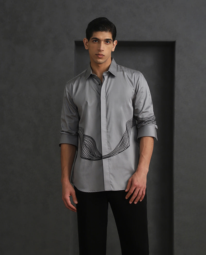 Grey Slim Fit Cotton Shirt with Small Collar and Distinct Embroidery