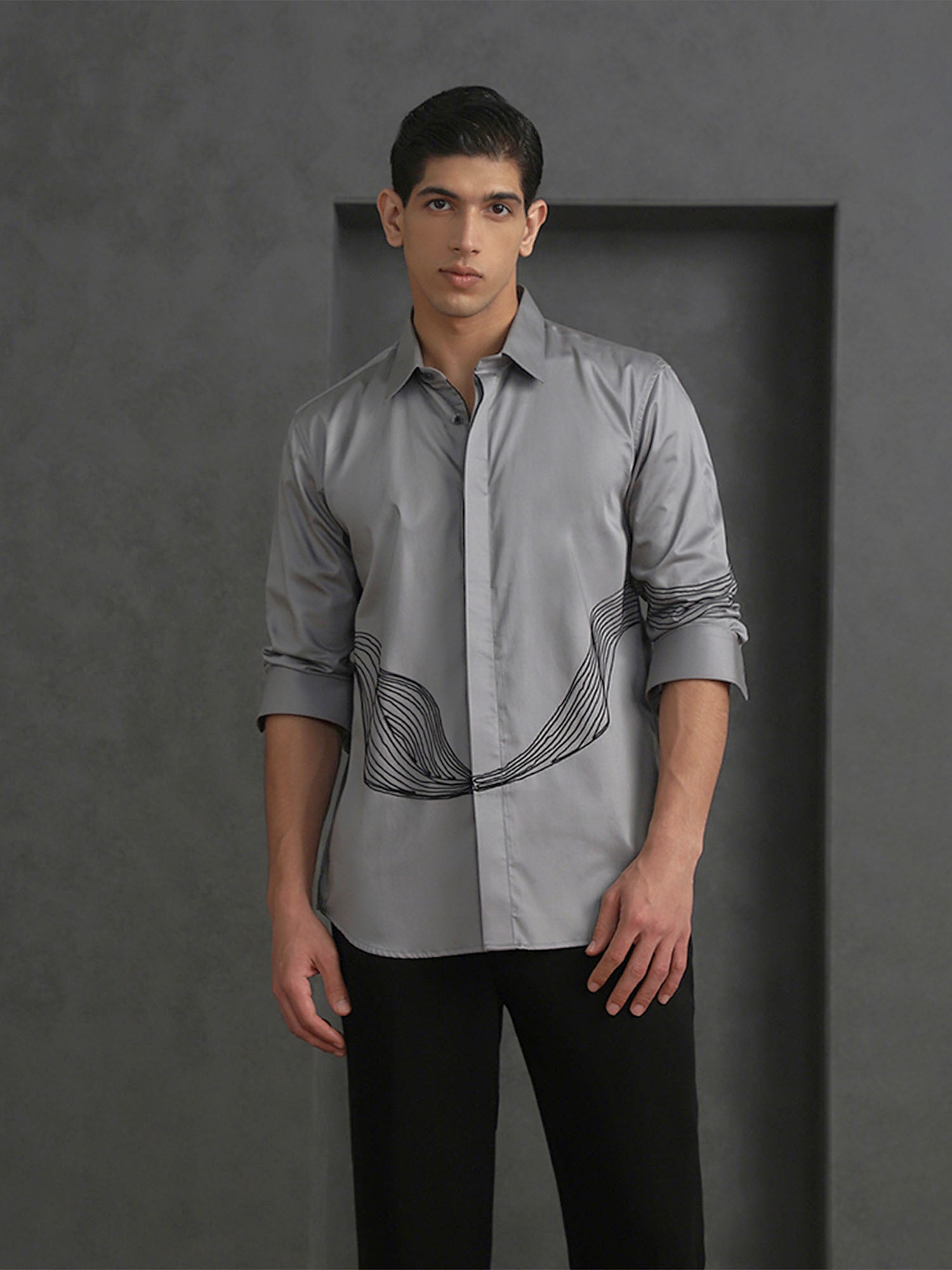 Grey Slim Fit Cotton Shirt with Small Collar and Distinct Embroidery