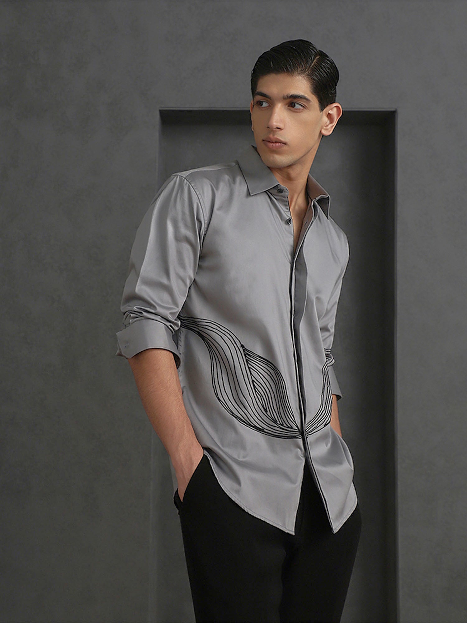 Grey Slim Fit Cotton Shirt with Small Collar and Distinct Embroidery