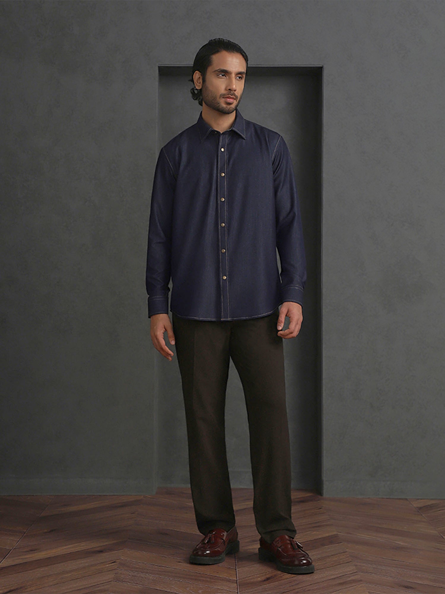 Navy Blue Slim Fit Shirt in Soft Model Fabric