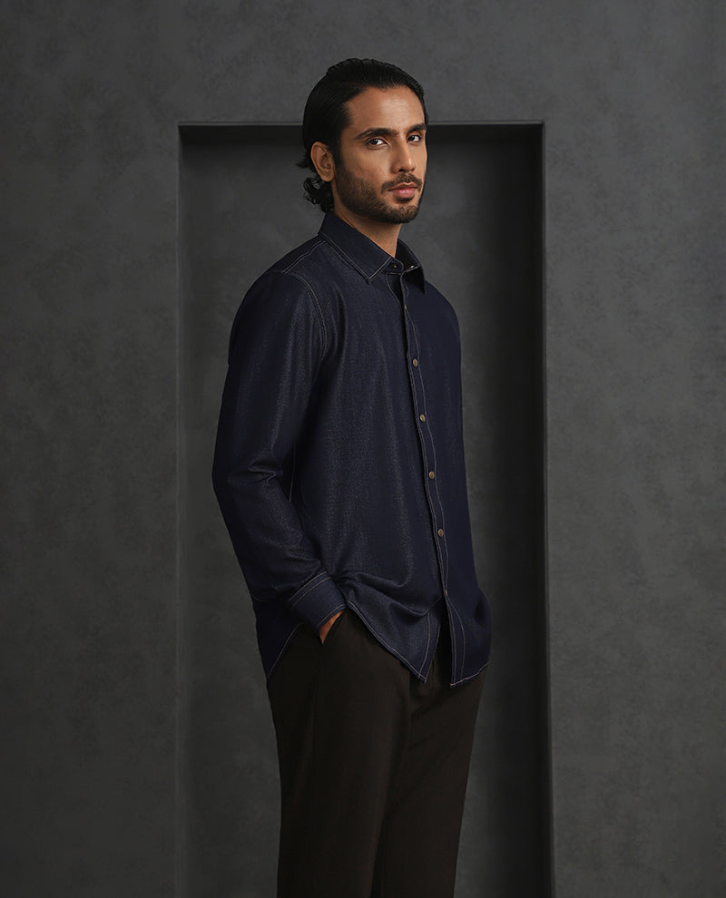 Navy Blue Slim Fit Shirt in Soft Model Fabric