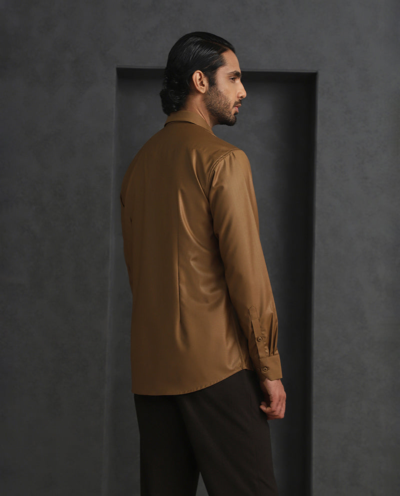 Light Brown Slim Fit Terry Rayon Shirt with Elegant Embroidery
