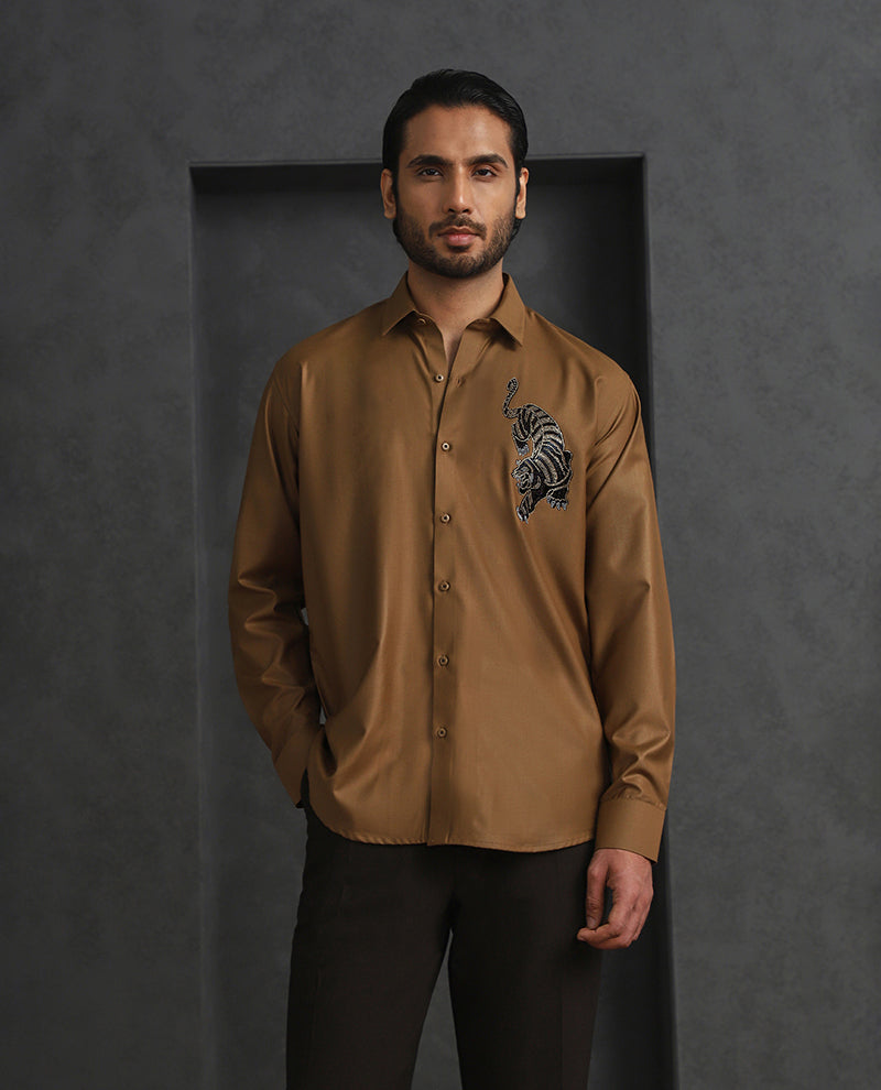 Light Brown Slim Fit Terry Rayon Shirt with Elegant Embroidery