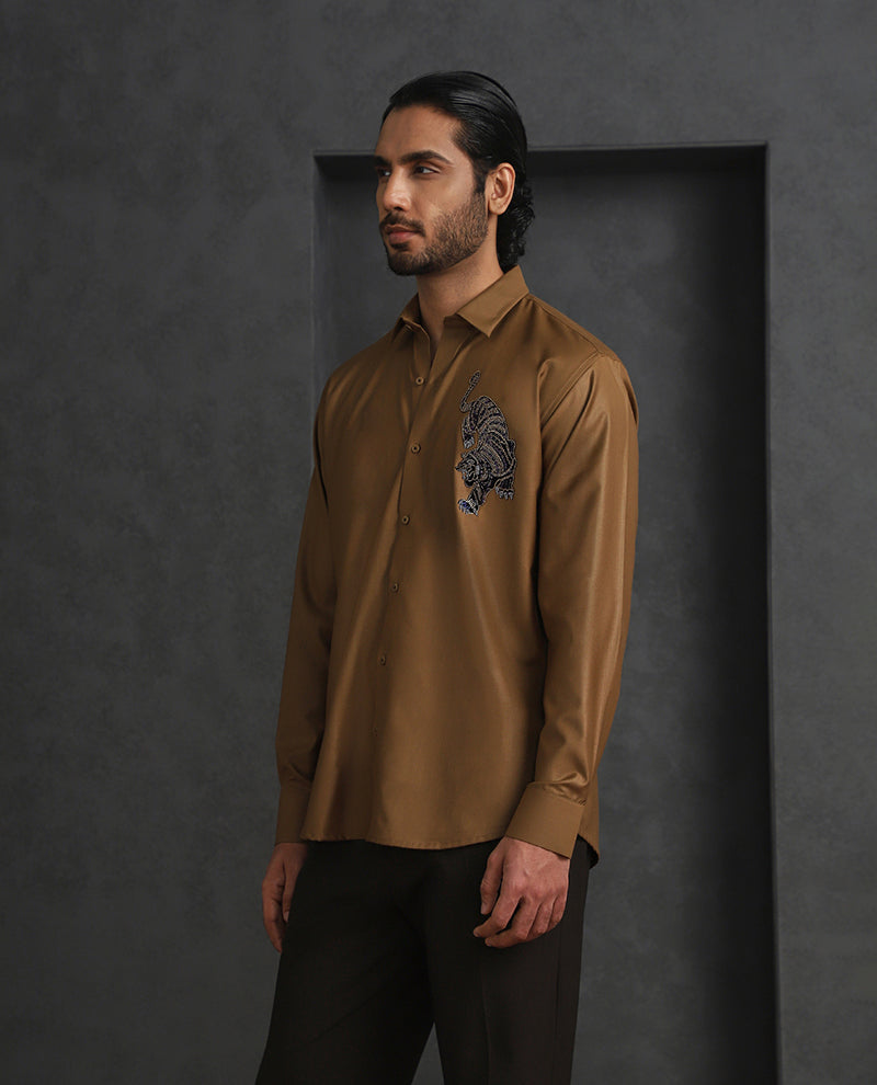 Light Brown Slim Fit Terry Rayon Shirt with Elegant Embroidery