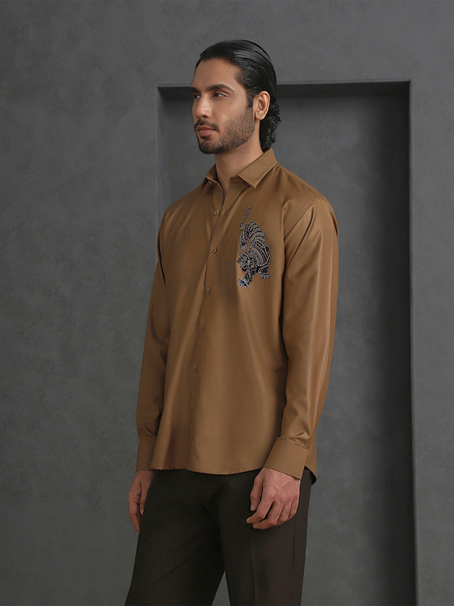 Light Brown Slim Fit Terry Rayon Shirt with Elegant Embroidery
