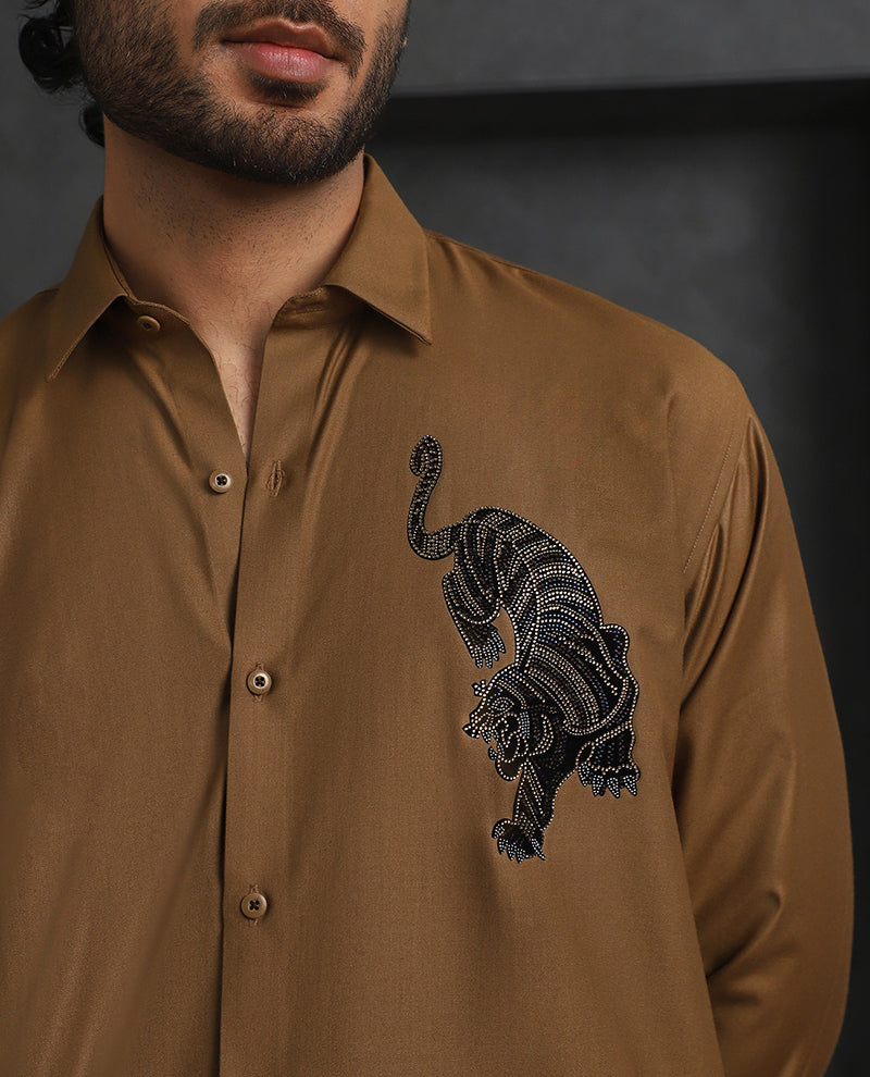 Light Brown Slim Fit Terry Rayon Shirt with Elegant Embroidery