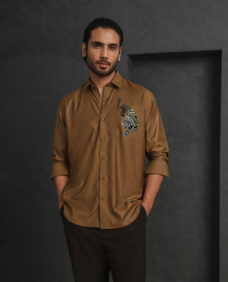 Light Brown Slim Fit Terry Rayon Shirt with Elegant Embroidery