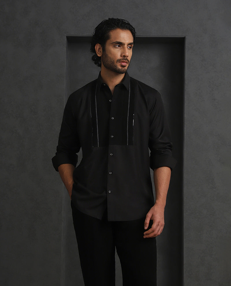 Black Slim Fit Terry Rayon Designer Shirt with Small Collar