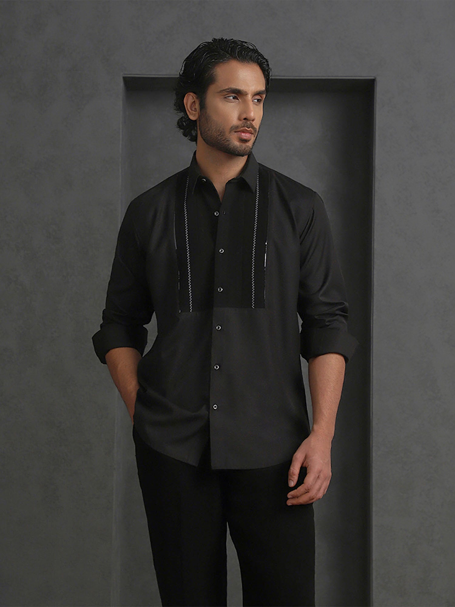 Black Terry Rayon Designer Shirt with Modern Small Collar