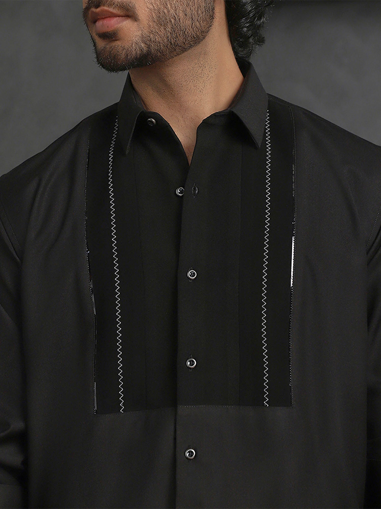 Black Terry Rayon Designer Shirt with Modern Small Collar