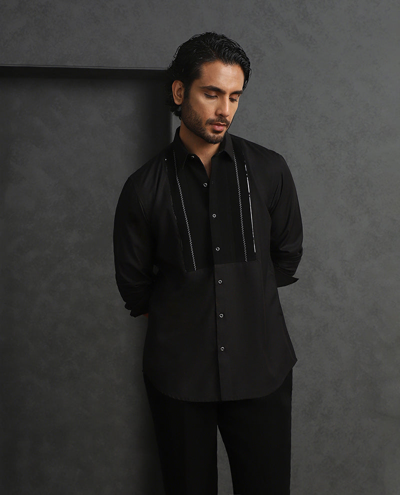 Black Slim Fit Terry Rayon Designer Shirt with Small Collar