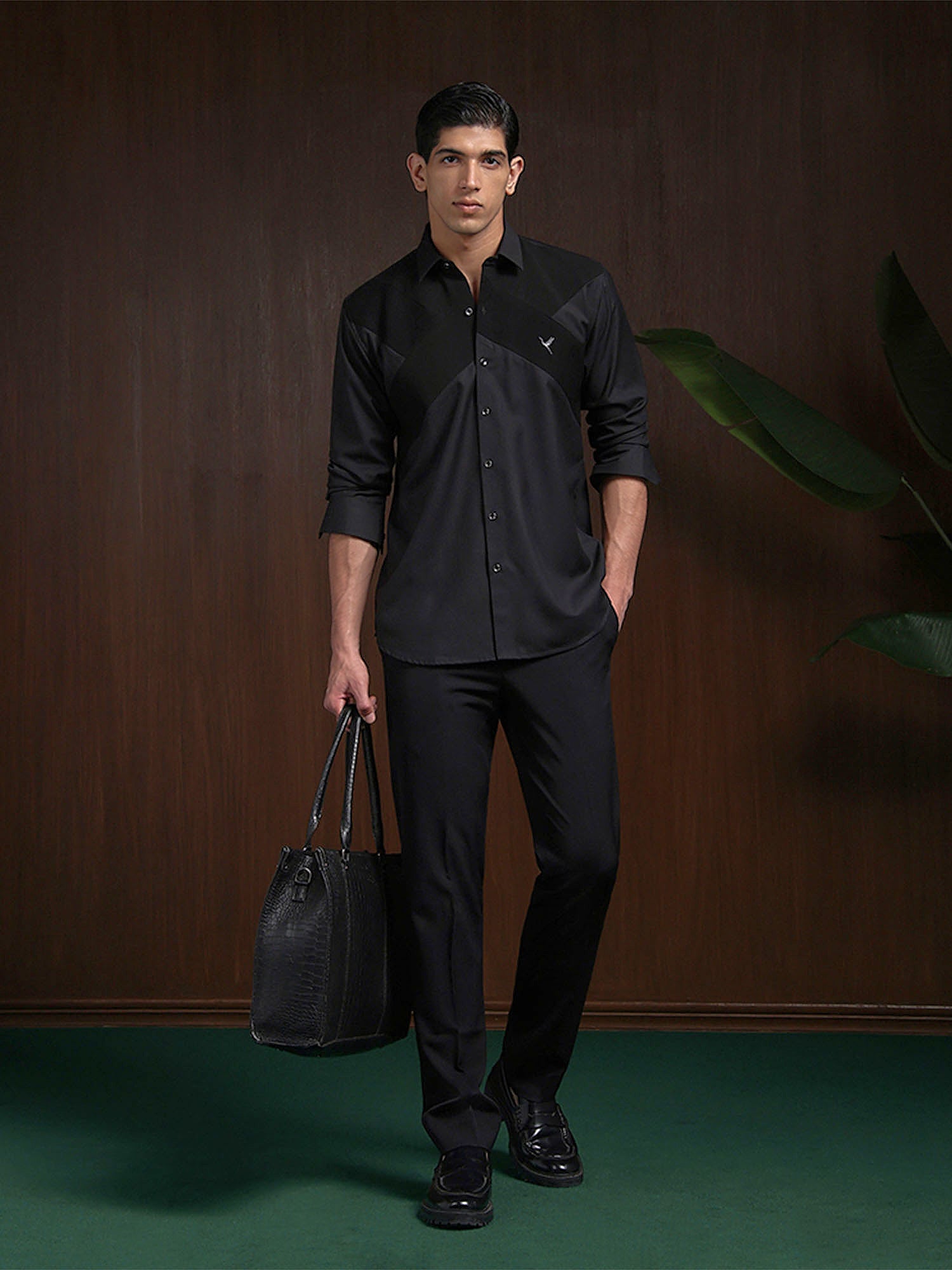 Black Terry Rayon Designer Shirt with Modern Small Collar