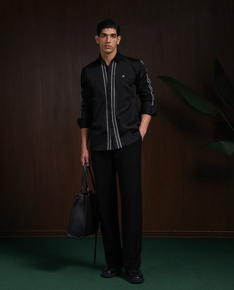 Black Slim Fit Cotton Designer Shirt with Small Collar