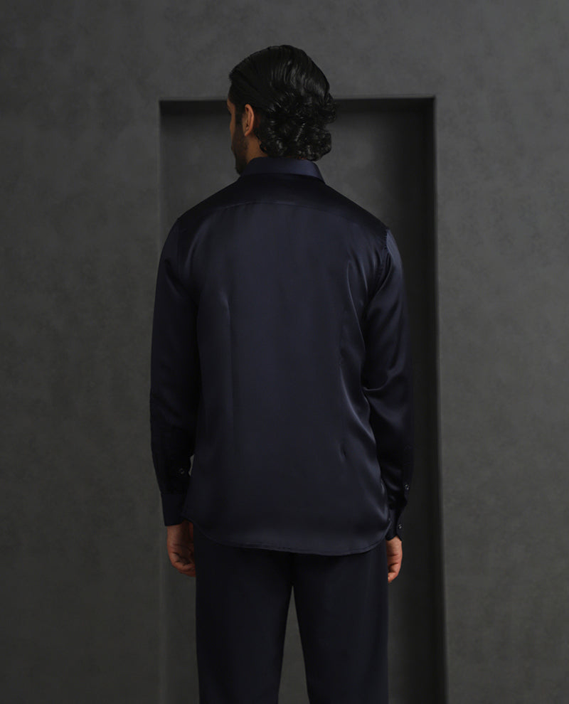 Navy Blue Slim Fit Model Tencel Designer Shirt with Small Collar