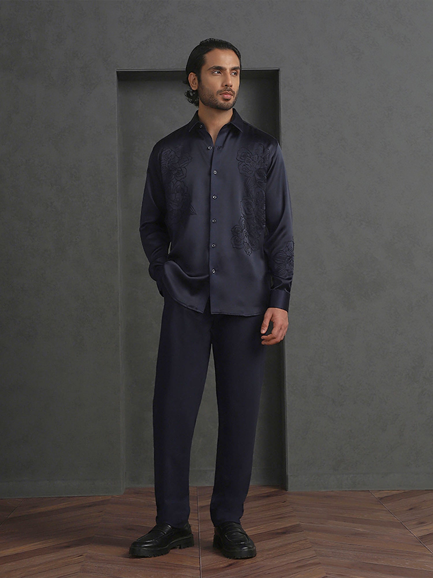 Navy Blue Slim Fit Model Tencel Designer Shirt with Small Collar