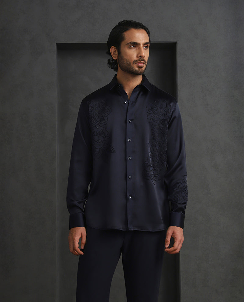 Navy Blue Slim Fit Model Tencel Designer Shirt with Small Collar