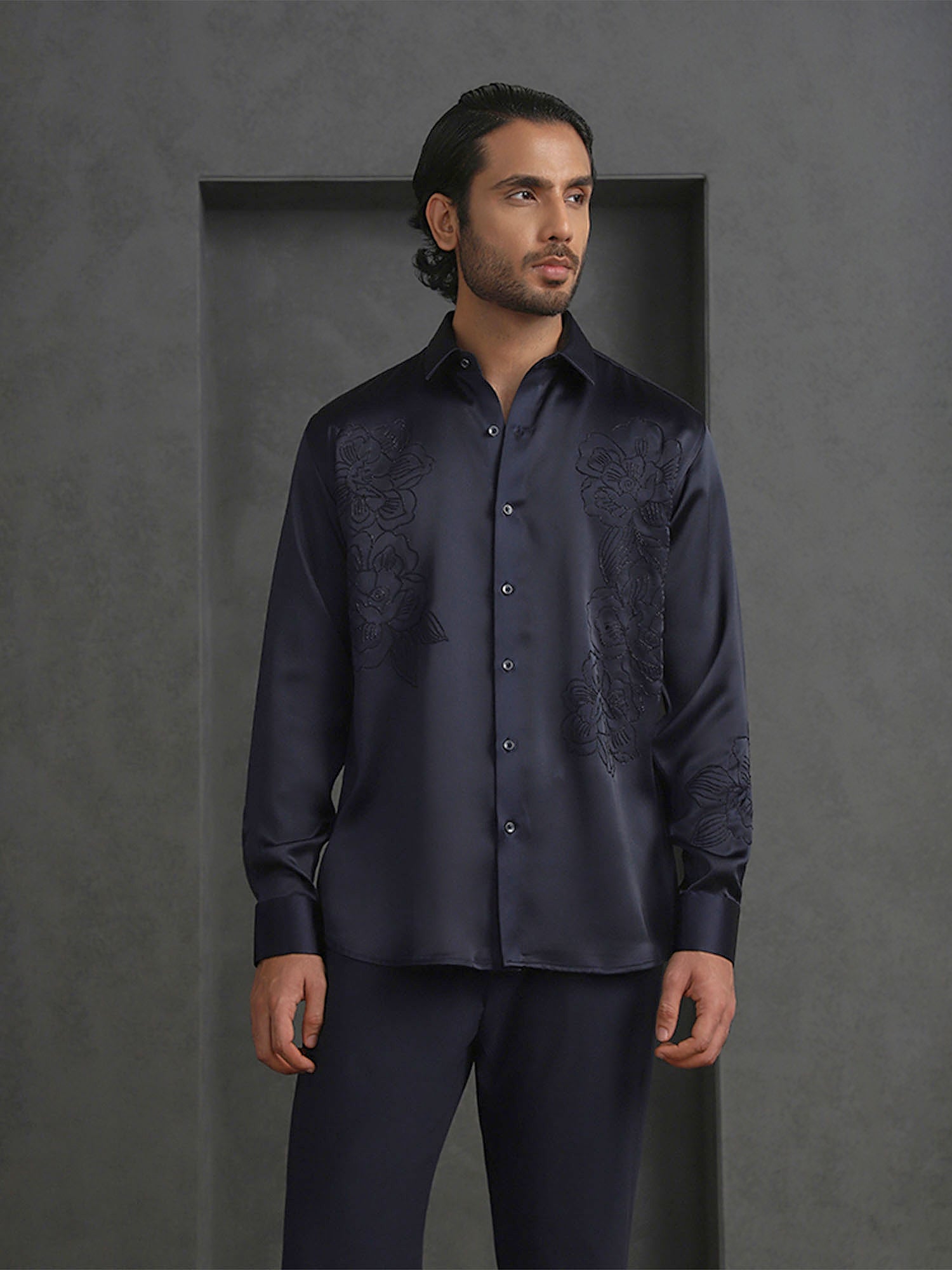 Navy Blue Slim Fit Model Tencel Designer Shirt with Small Collar