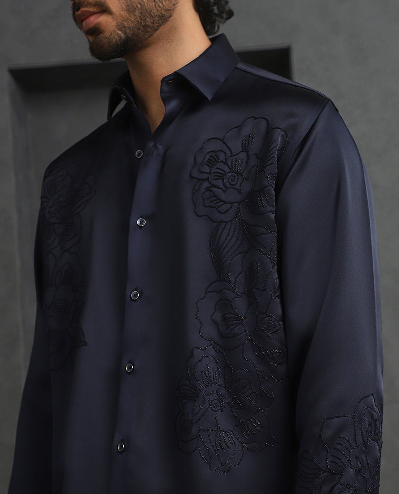 Navy Blue Slim Fit Model Tencel Designer Shirt with Small Collar