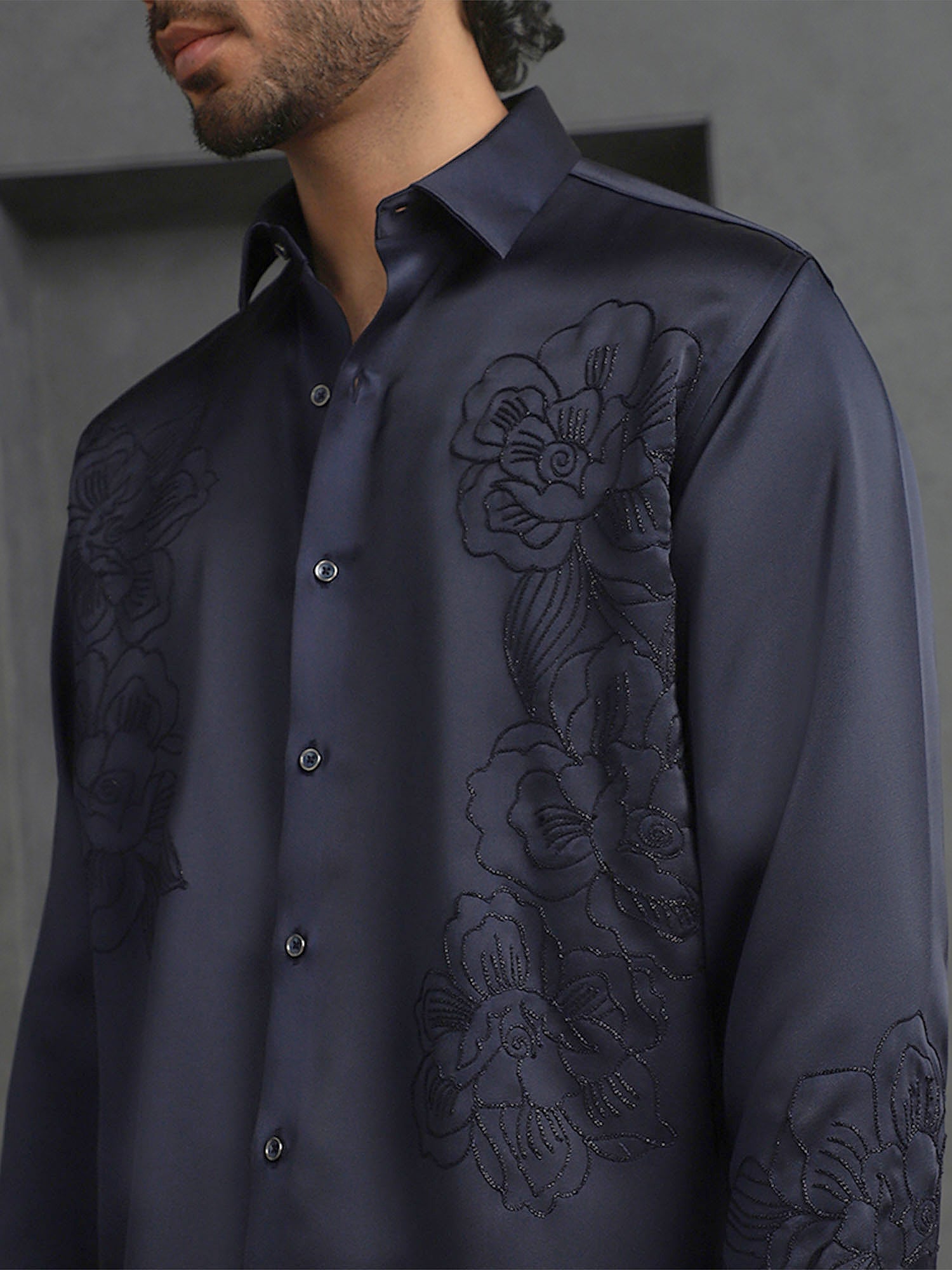 Navy Blue Slim Fit Model Tencel Designer Shirt with Small Collar
