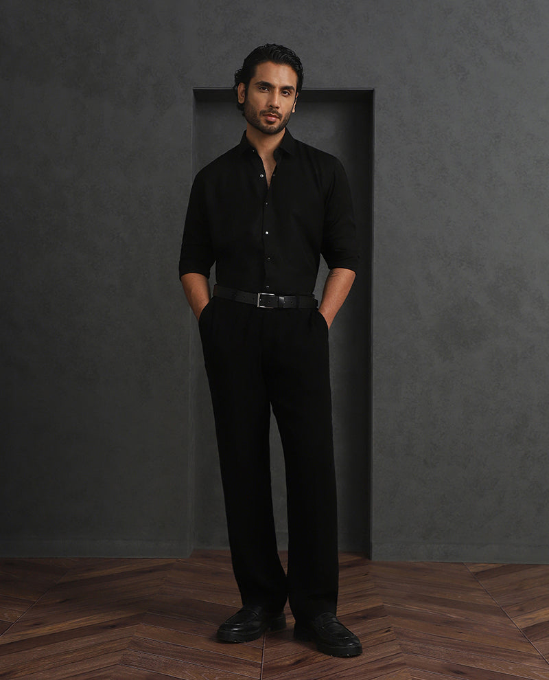 Black Slim Fit Stroma Shirt with Classic Plain Elegance