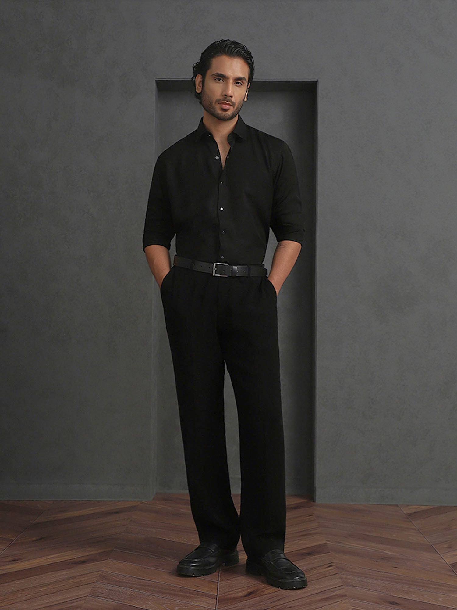 Black Slim Fit Stroma Shirt with Classic Plain Elegance