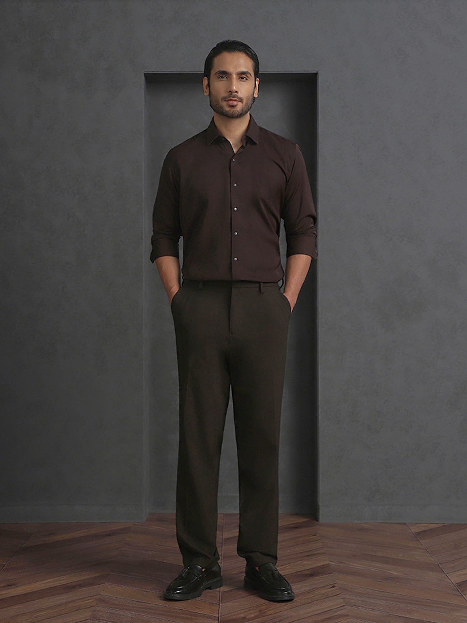 Dark Brown Slim Fit Stroma Shirt with Classic Plain Design