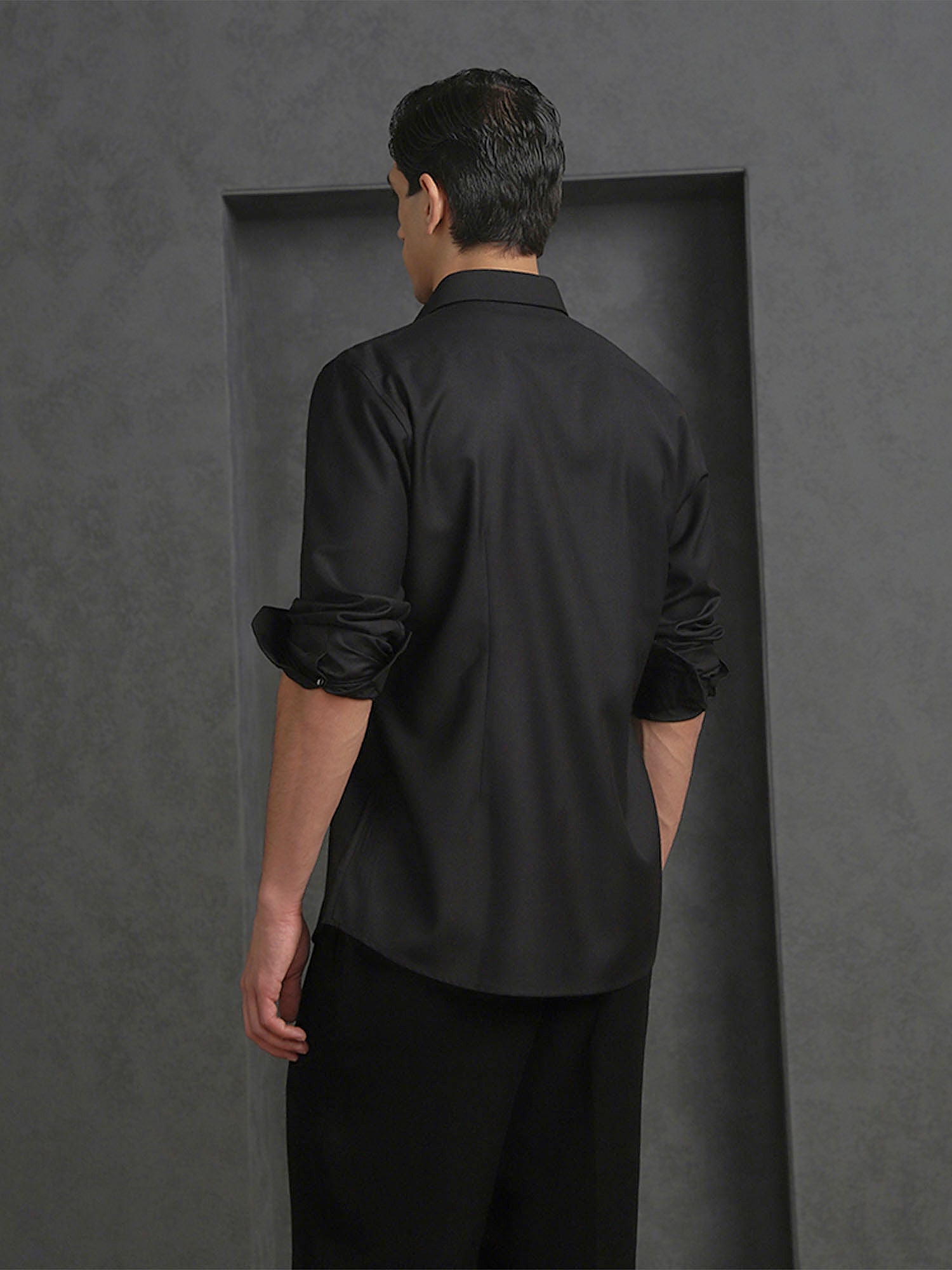 Black Slim Fit Terry Rayon Designer Shirt with Sleek Small Collar