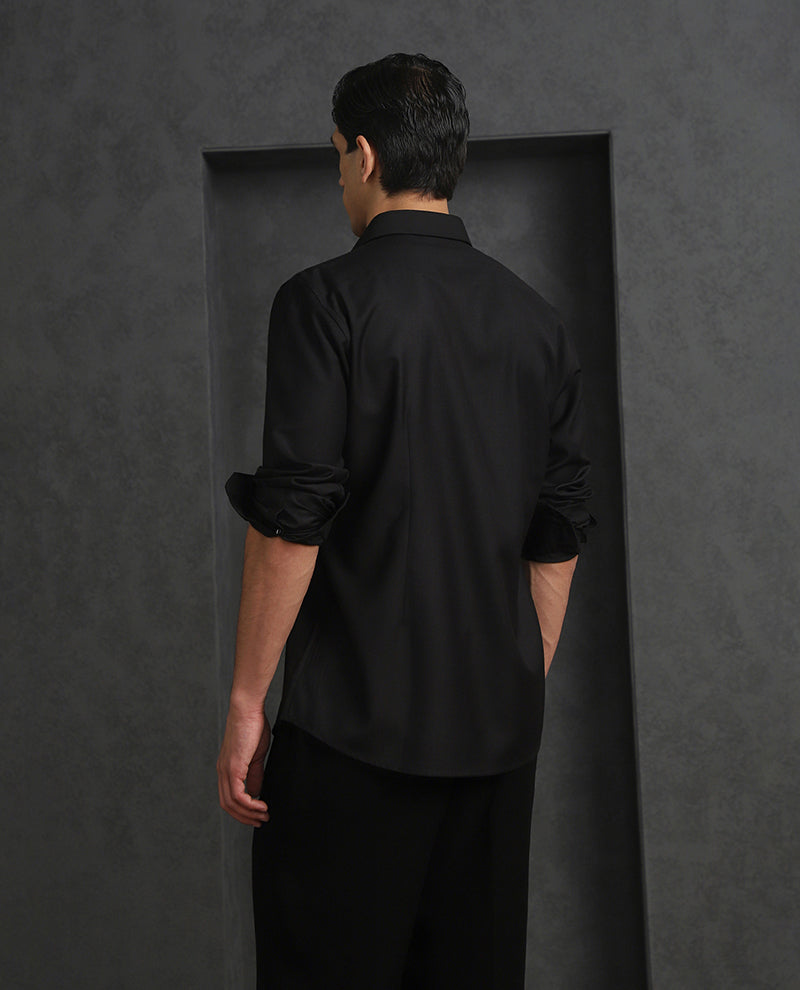 Black Slim Fit Terry Rayon Designer Shirt with Sleek Small Collar