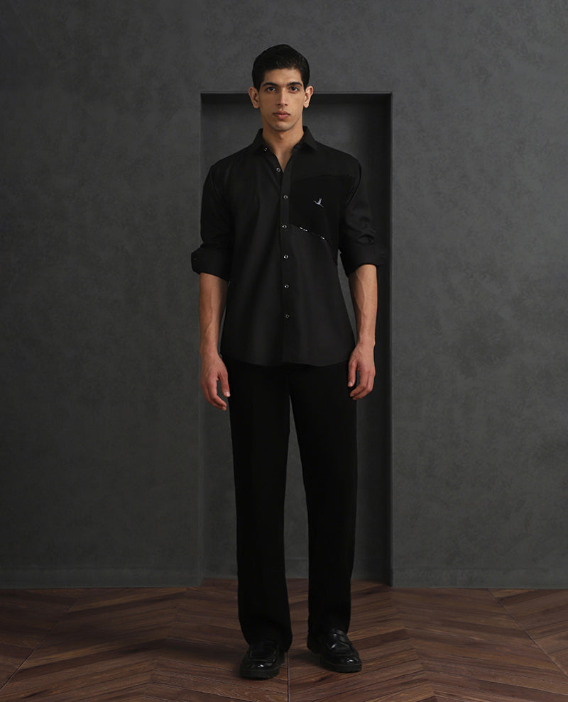 Black Slim Fit Terry Rayon Designer Shirt with Sleek Small Collar